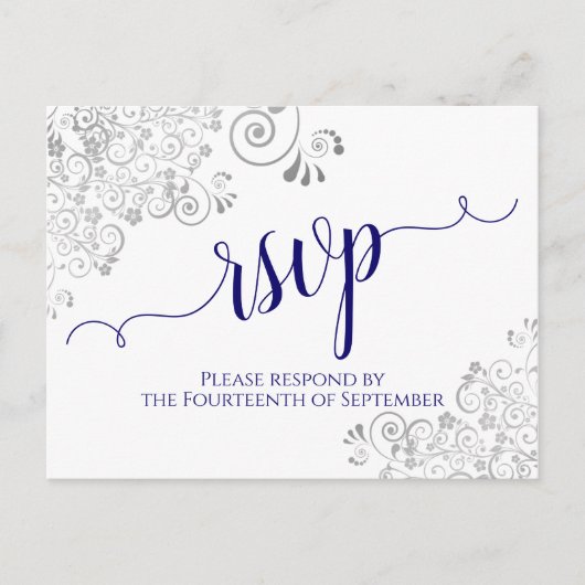 Lacy Calligraphy Navy Blue op White Wedding RSVP Briefkaart (Voorkant)