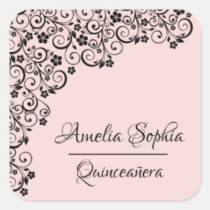 Lacy Elegant Quinceañera Blush Pink and Black Vierkante Sticker