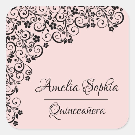 Lacy Elegant Quinceañera Blush Pink and Black Vierkante Sticker (Voorkant)