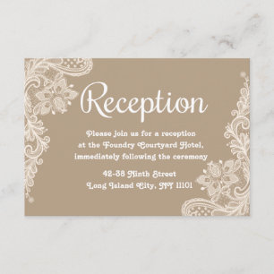 Lacy Floral Brown and White Lace Wedding Reception Informatiekaartje