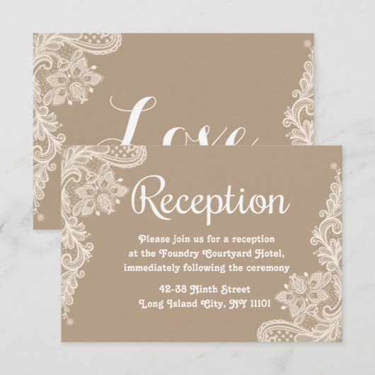 Lacy Floral Brown and White Lace Wedding Reception Informatiekaartje (Voorkant / Achterkant)