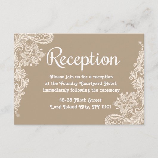 Lacy Floral Brown and White Lace Wedding Reception Informatiekaartje (Voorkant)