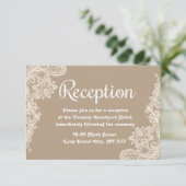 Lacy Floral Brown and White Lace Wedding Reception Informatiekaartje (Staand voorkant)
