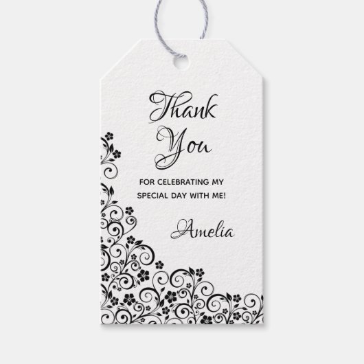 Lacy Floral Quinceañera Black en White Cadeaulabel (Voorkant)