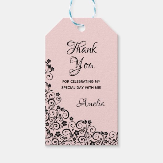 Lacy Floral Quinceañera Blush Pink and Black Cadeaulabel (Voorkant)