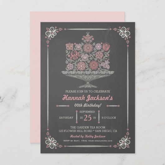 Lacy Flower Birthday Cake Chalkboard Invitation Kaart (Voorkant / Achterkant)