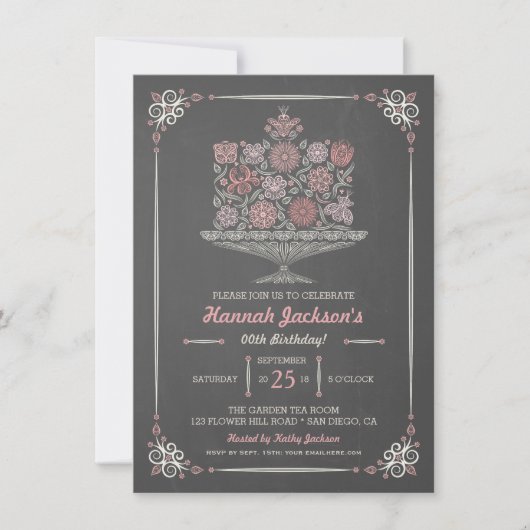 Lacy Flower Birthday Cake Chalkboard Invitation Kaart (Voorkant)