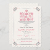 Lacy Flower Birthday Cake Invitation Kaart (Voorkant / Achterkant)
