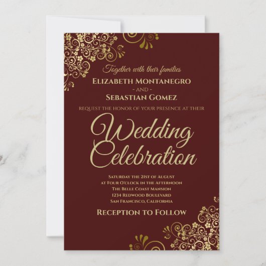 Lacy Gold Auburn Brown Simple Elegant Wedding Kaart (Voorkant)