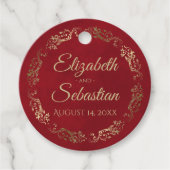 Lacy Gold Border Elegant Crimson Rode bruiloft Bedankjes Labels (Voorkant)