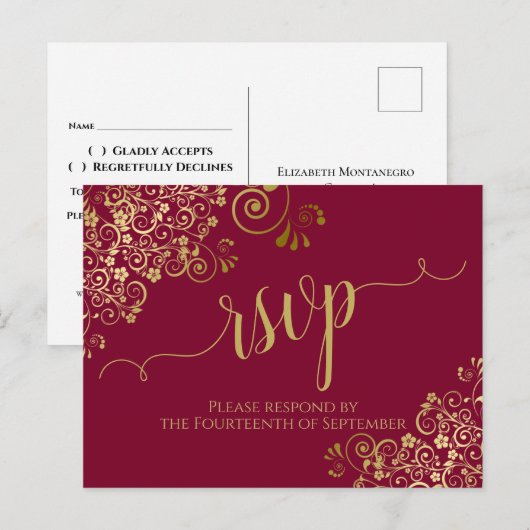 Lacy Gold Calligraphy Burgundy Maroon Wedding RSVP Briefkaart (Voorkant / Achterkant)