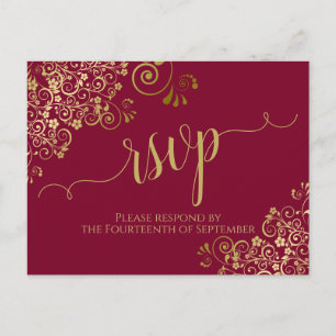 Lacy Gold Calligraphy Burgundy Maroon Wedding RSVP Briefkaart