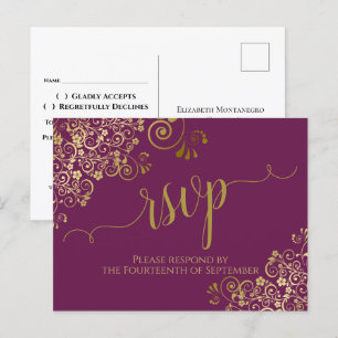 Lacy Gold Calligraphy Cassis Paars Wedding RSVP Briefkaart