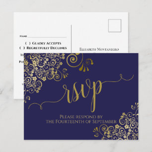 Lacy Gold Calligraphy Chic Navy Blue Wedding RSVP Briefkaart