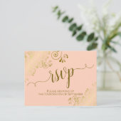 Lacy Gold Calligraphy Coral Peach Wedding RSVP Briefkaart (Staand voorkant)