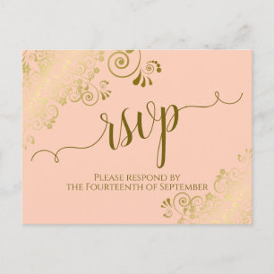 Lacy Gold Calligraphy Coral Peach Wedding RSVP Briefkaart
