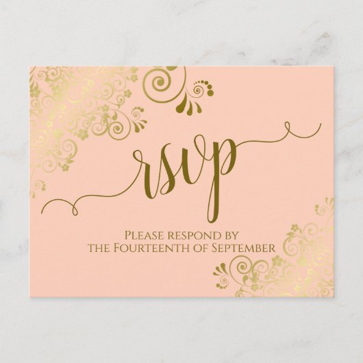 Lacy Gold Calligraphy Coral Peach Wedding RSVP Briefkaart (Voorkant)