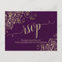 Lacy Gold Calligraphy Elegant Paars Wedding RSVP Briefkaart