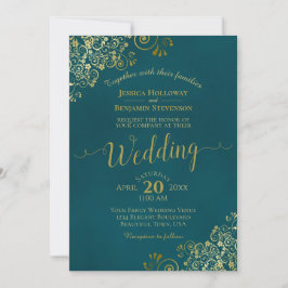 Lacy Gold Calligraphy Elegant Teal Wedding Kaart
