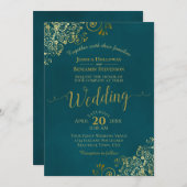 Lacy Gold Calligraphy Elegant Teal Wedding Kaart (Voorkant / Achterkant)