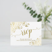 Lacy Gold Calligraphy Elegant White Wedding RSVP Briefkaart (Staand voorkant)