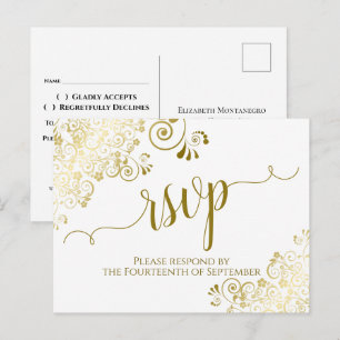 Lacy Gold Calligraphy Elegant White Wedding RSVP Briefkaart