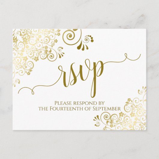 Lacy Gold Calligraphy Elegant White Wedding RSVP Briefkaart (Voorkant)