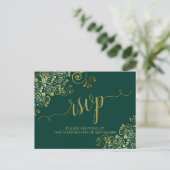 Lacy Gold Calligraphy Emerald Green Wedding RSVP Briefkaart (Staand voorkant)