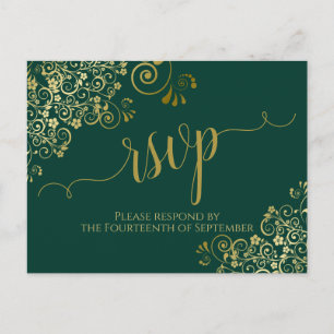Lacy Gold Calligraphy Emerald Green Wedding RSVP Briefkaart
