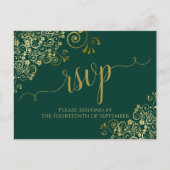 Lacy Gold Calligraphy Emerald Green Wedding RSVP Briefkaart (Voorkant)