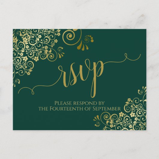 Lacy Gold Calligraphy Emerald Green Wedding RSVP Briefkaart (Voorkant)