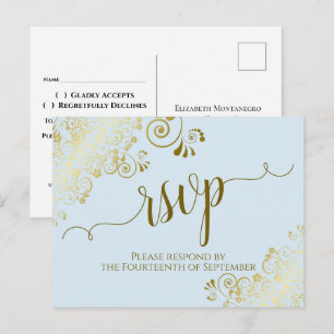 Lacy Gold Calligraphy Powder Blue Wedding RSVP Briefkaart