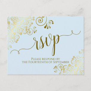 Lacy Gold Calligraphy Powder Blue Wedding RSVP Briefkaart