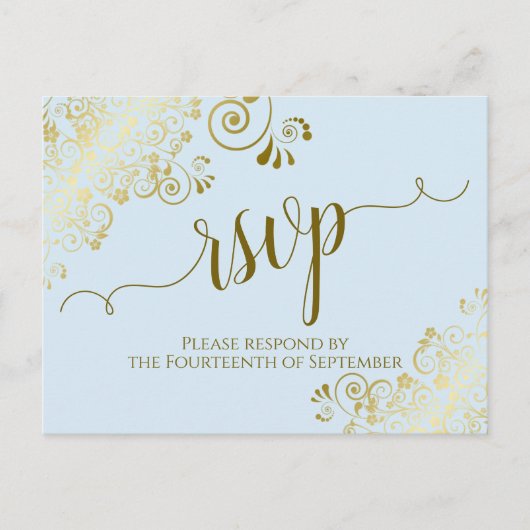 Lacy Gold Calligraphy Powder Blue Wedding RSVP Briefkaart (Voorkant)