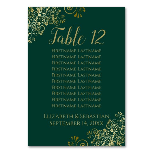 Lacy Gold Chic Emerald Green Wedding Seding Chart Kaart (Voorkant)
