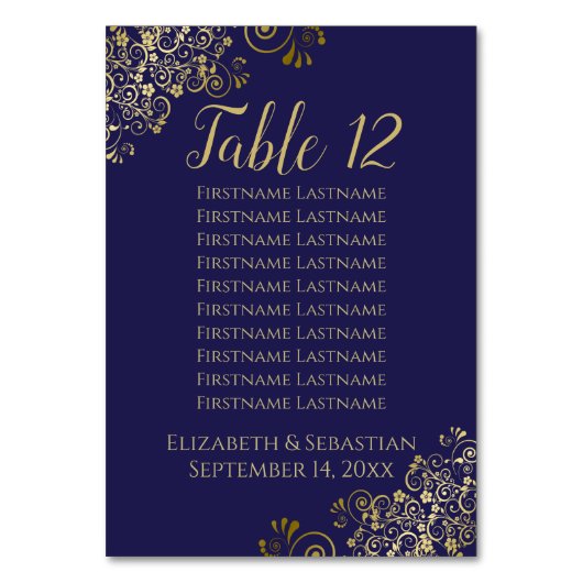 Lacy Gold Elegant Navy Blue Wedding Seating Chart Kaart (Voorkant)