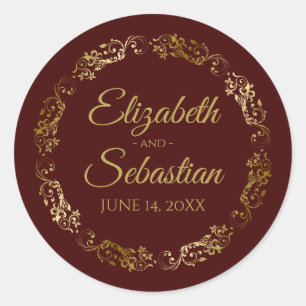 Lacy Gold Filigree Elegant Auburn Brown Wedding Ronde Sticker