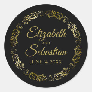 Lacy Gold Filigree Elegant Black Wedding Favor Ronde Sticker