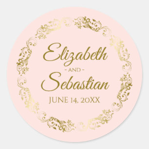 Lacy Gold Filigree Elegant Blush Pink Wedding Ronde Sticker