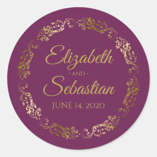 Lacy Gold Filigree Elegant Cassis Paars Wedding Ronde Sticker