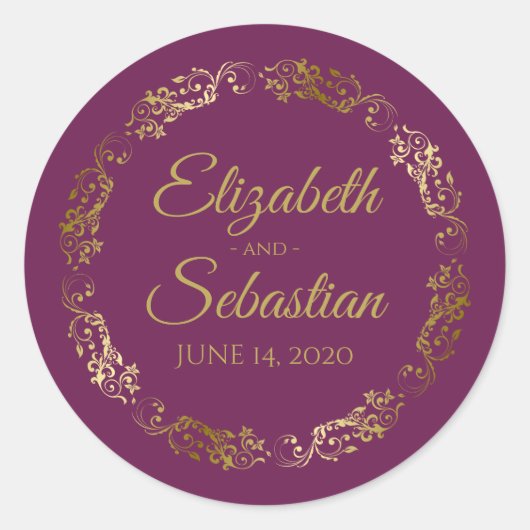 Lacy Gold Filigree Elegant Cassis Paars Wedding Ronde Sticker (Voorkant)