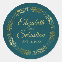 Lacy Gold Filigree Elegant Dark Teal Wedding Names Ronde Sticker