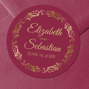 Lacy Gold Filigree Elegant Maroon Burgundy Wedding Ronde Sticker