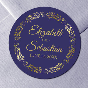 Lacy Gold Filigree Elegant Navy Blue Wedding Favor Ronde Sticker