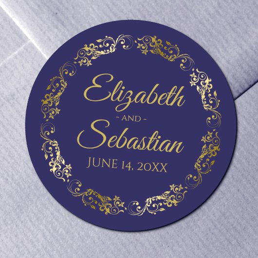 Lacy Gold Filigree Elegant Navy Blue Wedding Favor Ronde Sticker