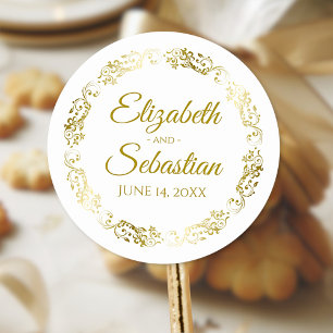 Lacy Gold Filigree Elegant Wedding Favor Ronde Sticker