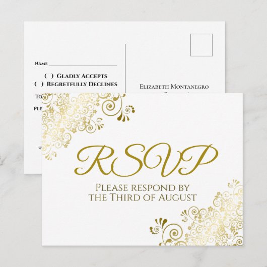Lacy  Gold Filigree Elegant Wedding RSVP Briefkaart (Voorkant / Achterkant)