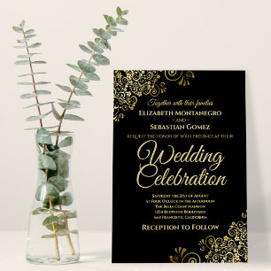 Lacy Gold Filigree op Black Simple Elegant Wedding Kaart