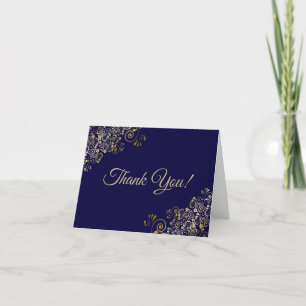 Lacy Gold Frills Elegant Navy Blue Wedding Photo Bedankkaart
