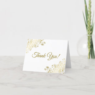 Lacy Gold Frills Elegant White Wedding Photo Bedankkaart